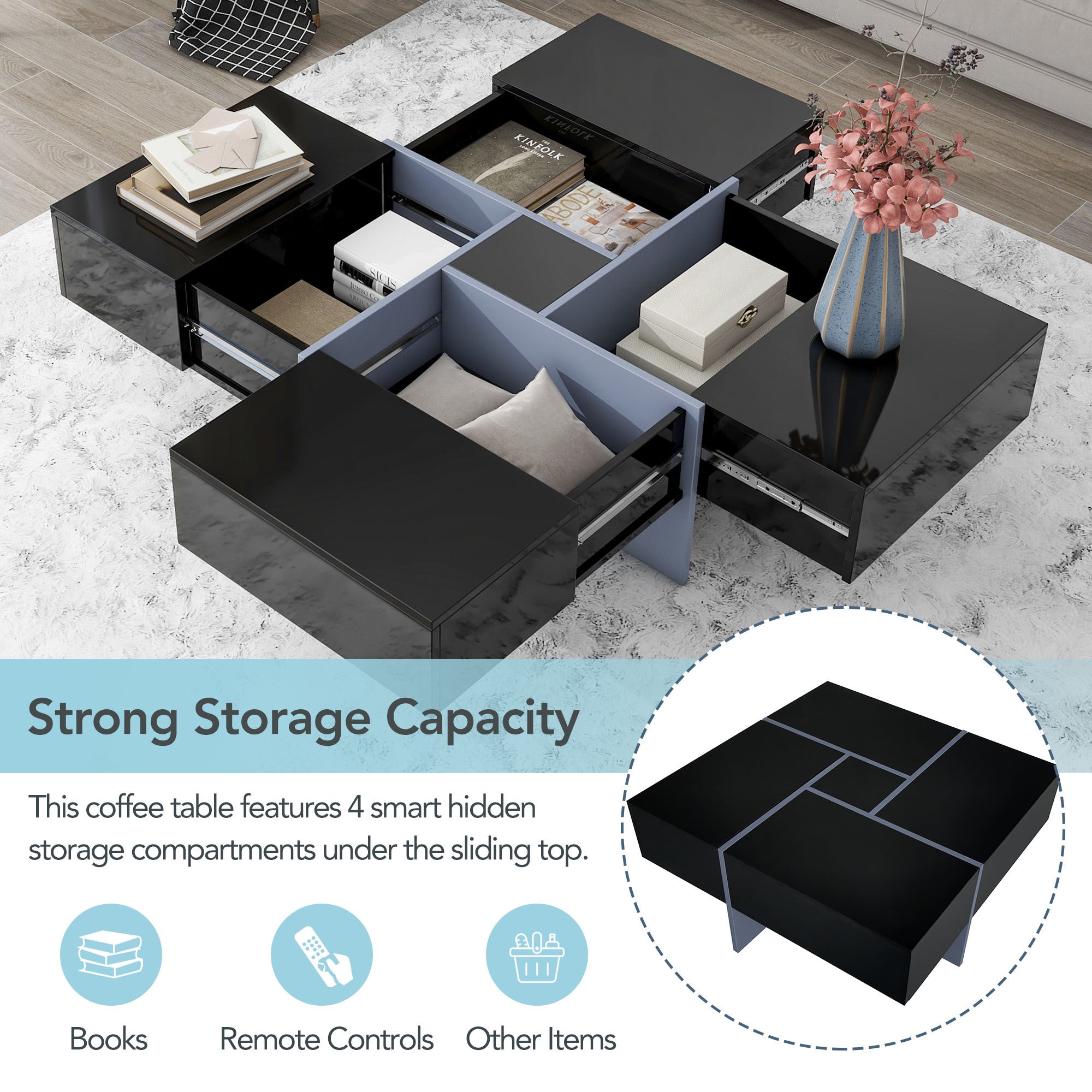 Sliding top coffee table four hidden compartments open