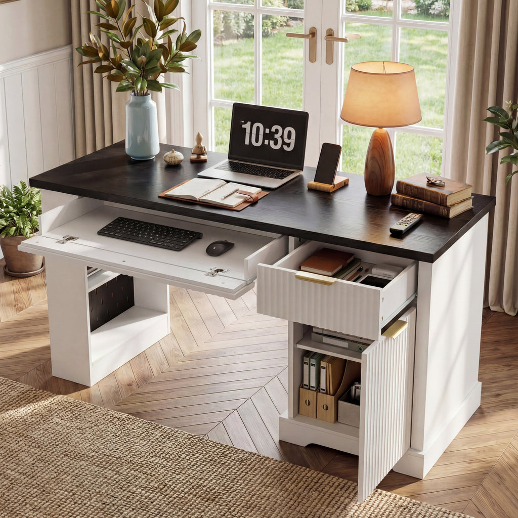 White home office desk keyboard tray extended detail