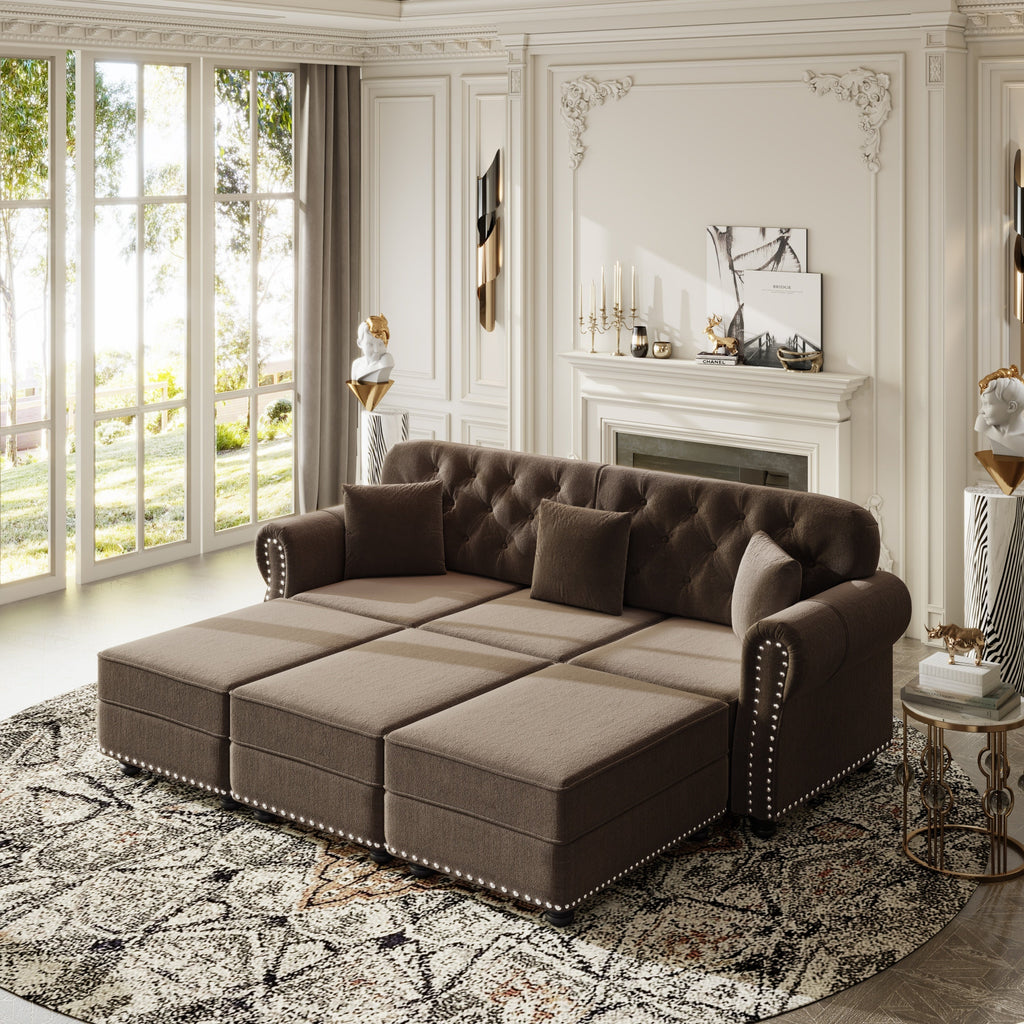 82.6'Upholstered Velvet Sofa with Nailhead Trim and Rolled Armrests,Mid-Century Modern Chesterfield Sofa with Button Tufted,Includes 3 Pillows,Burgundy