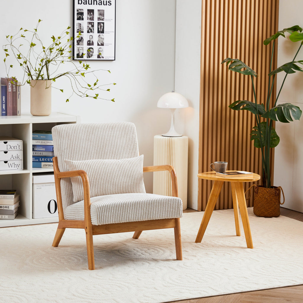 Beige accent chair with rubberwood frame — angle view