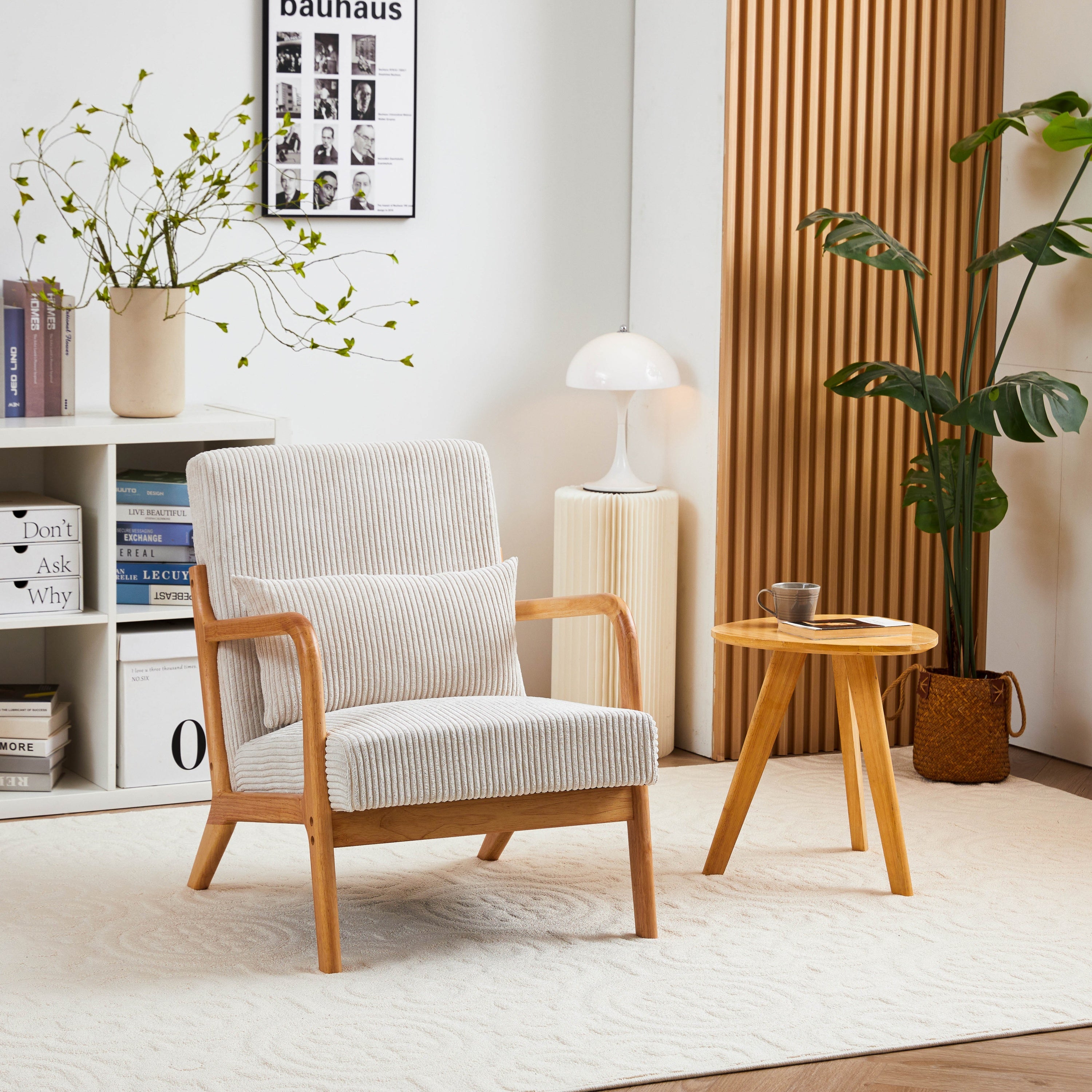 Beige accent chair with rubberwood frame — angle view