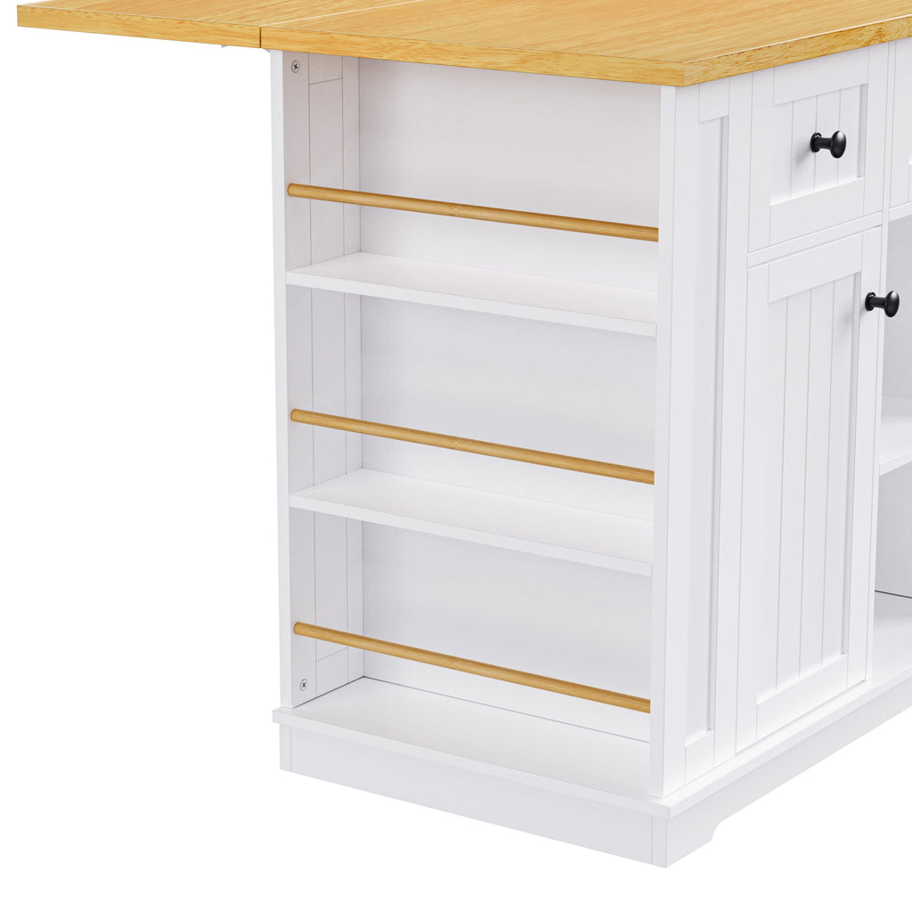 K&K 53inch Large Kitchen Island with Drop Leaf,Power Outlet,Door Internal Storage Rack,Rolling Kitchen Cart on 5 Wheels with 5 Open Side Racks for Kitchen,Black(Two Packages)(Stools not included)