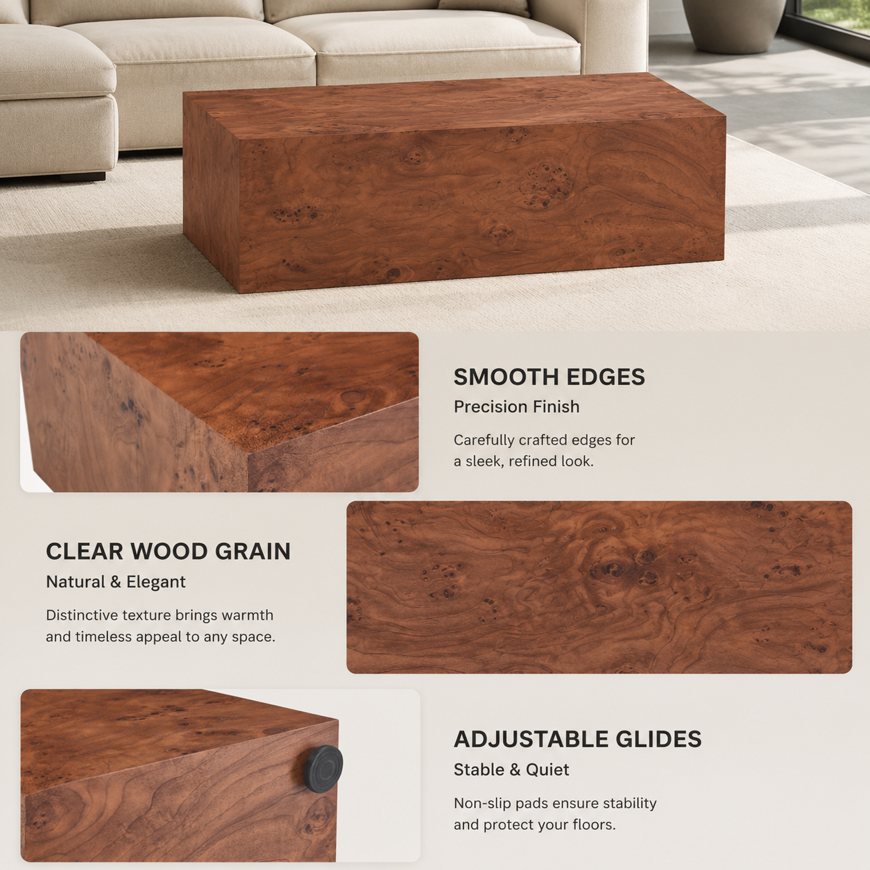 Adjustable foot pad detail on walnut cube table base