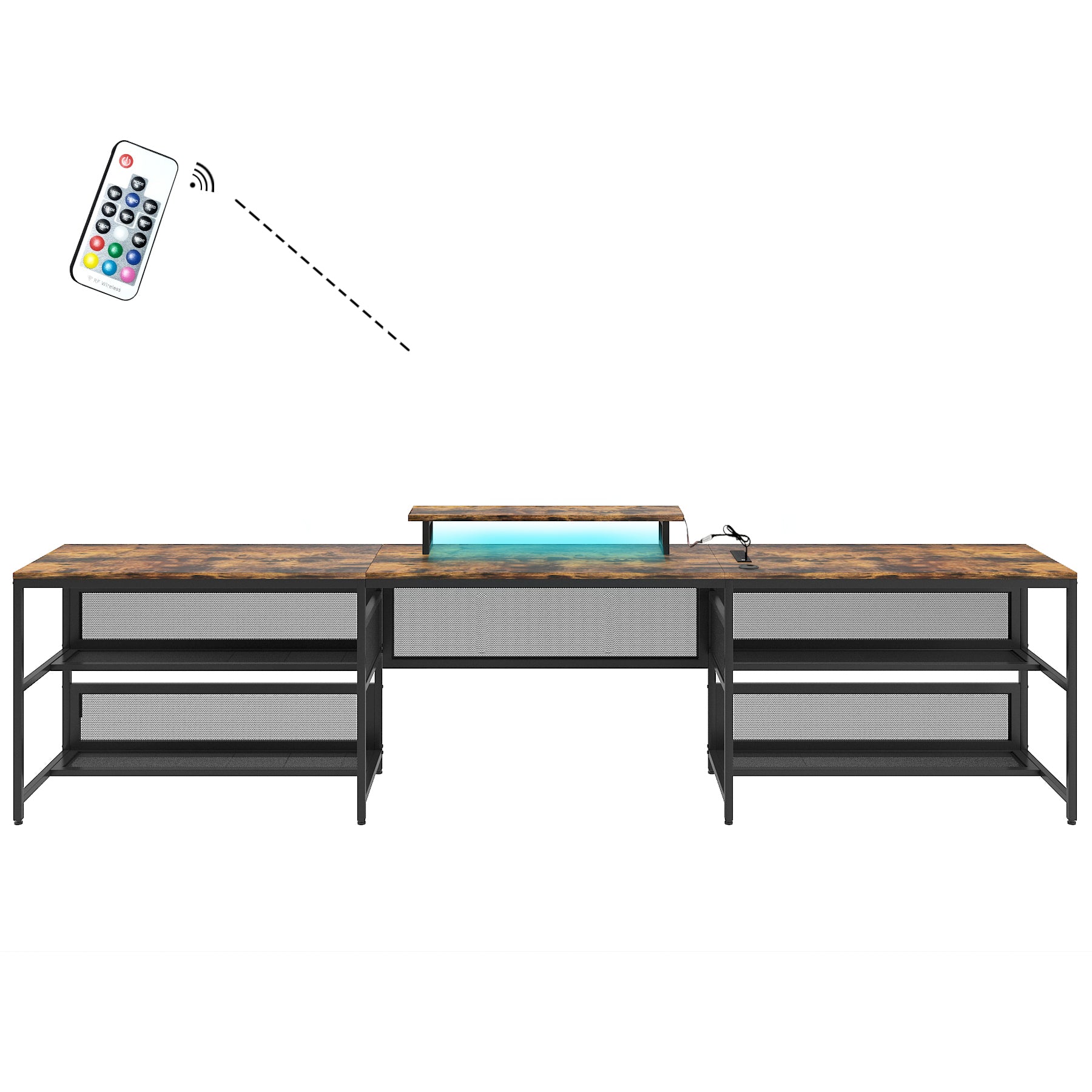 Brown U-shaped desk metal frame and MDF construction detail