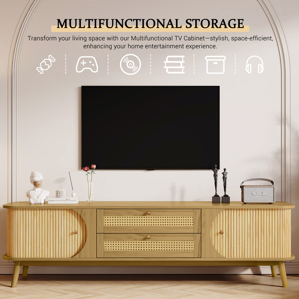 Farmhouse TV stand with rattan and wood cabinet storage