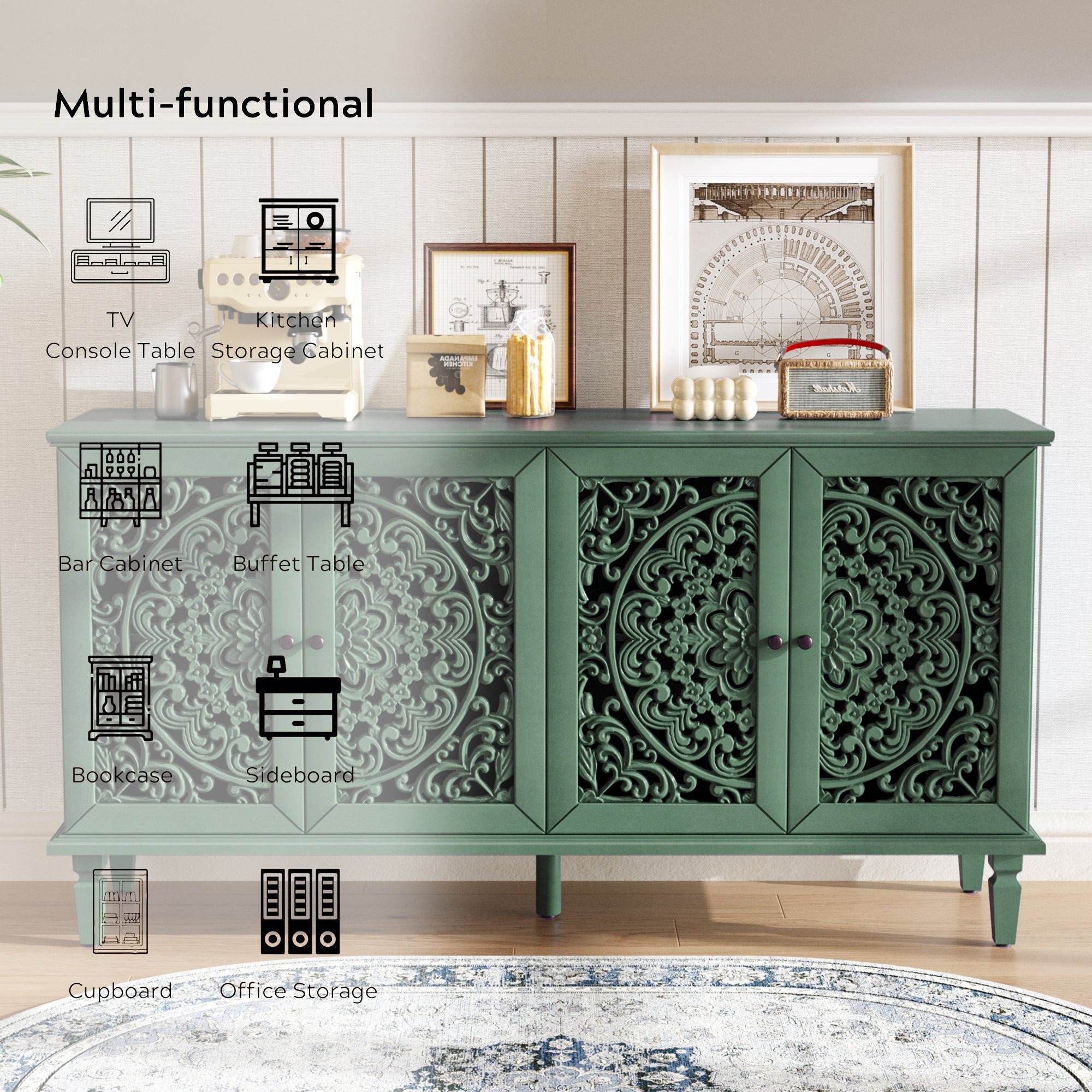 60' Antique Buffet Cabinet with Floral Carvings with Solid Wood Legs&Antique Brass Handles&Adjustable Shelves, TV Stand for 65''+ TV, Sideboard for Living Room,Dining Room (Antique Grey White)