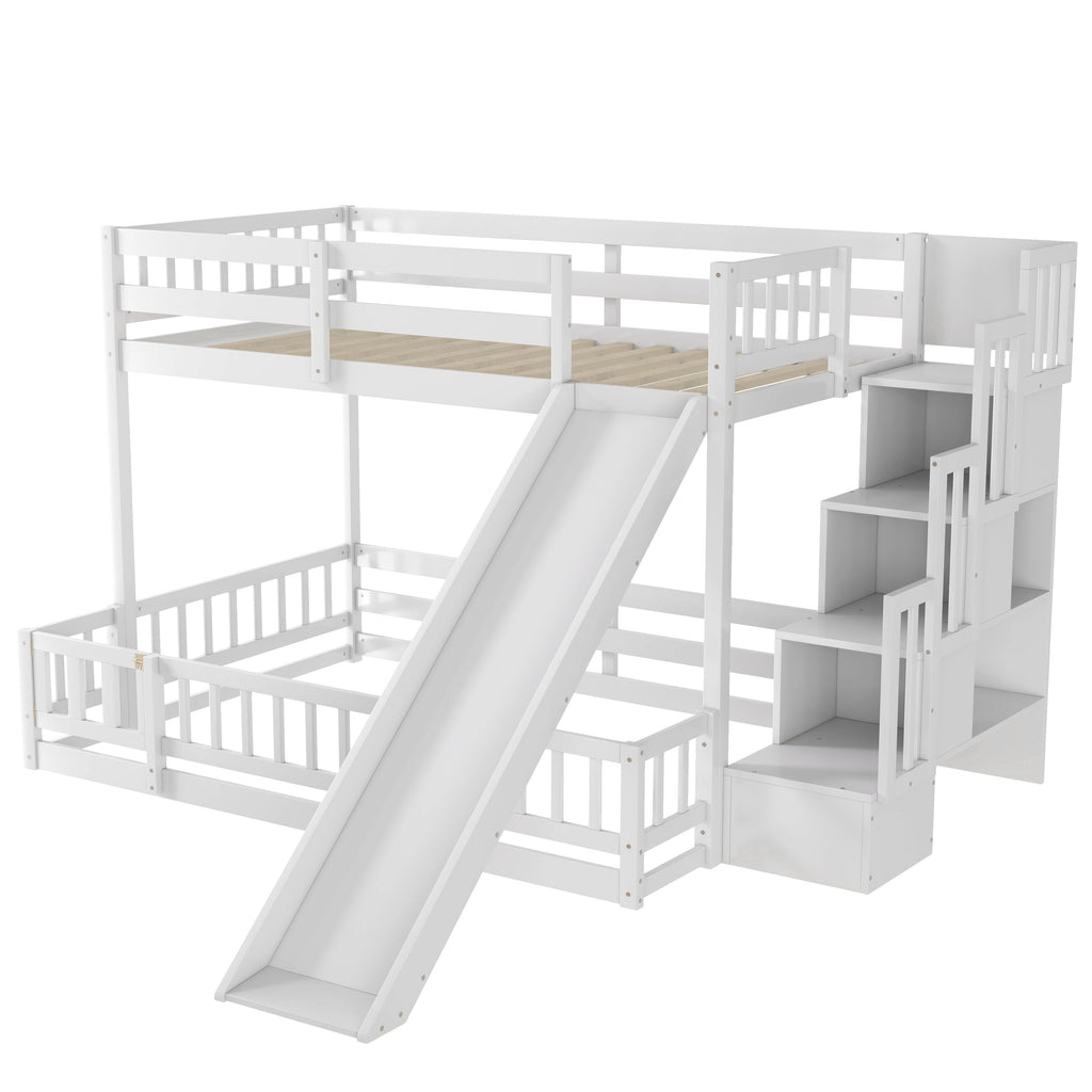 Twin Over Full Bunk Bed with Slide, Storage Staircase, Pine Solid Wooden Bunk Bed with Safety Guardrails ,Grey (Old Sku W504S00184)