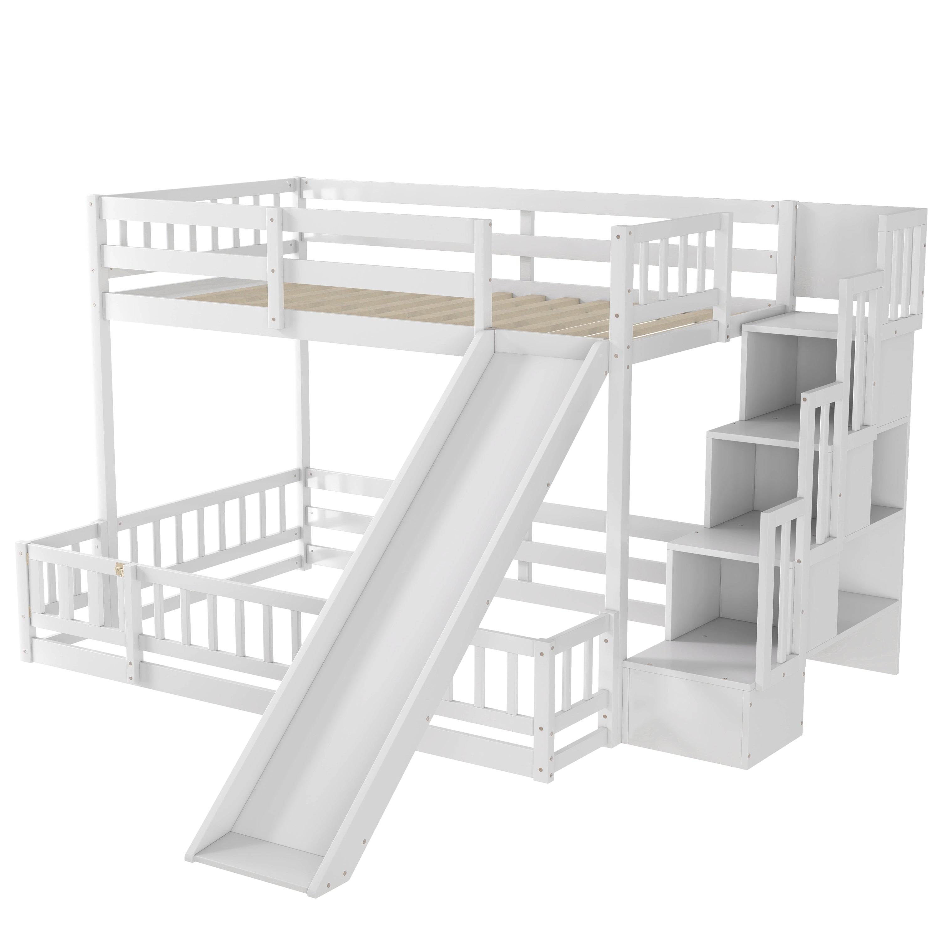 Twin Over Full Bunk Bed with Slide, Storage Staircase, Pine Solid Wooden Bunk Bed with Safety Guardrails ,Grey (Old Sku W504S00184)