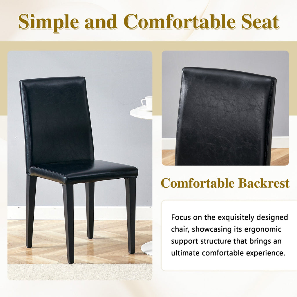Table and chair set. 71 * 35.4 inch Wood grain MDF splicing desktop with X-shaped metal frame dining table.Includes 8 white PU dining chairs With Black Metal Legs.Making it an ideal choice for home.