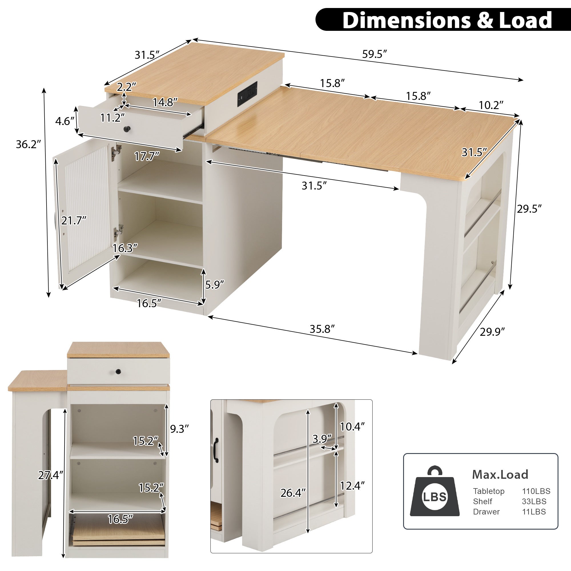 K&K 59.5' Kitchen Island with Extendable Dining Table, Kitchen Storage Table with Double-sided Storage, Kitchen Island with 2 Drawers, Power Outlet, Side Open Shelves, for Kitchen, Dining Room, Black