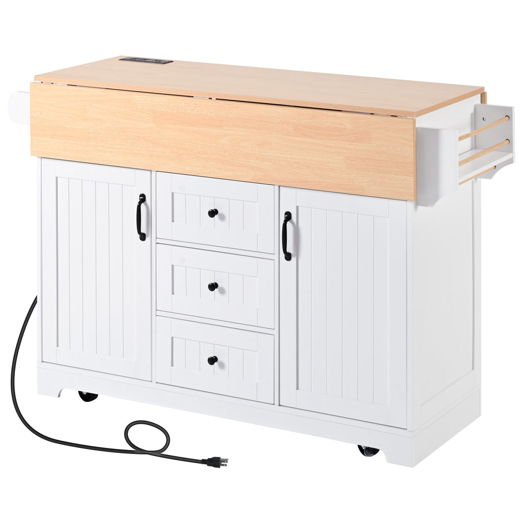 K&K 55.7'' Large Kitchen Island with 2 Drop Leaf,, Rolling Kitchen Cart on 5 Wheels with Power Outlet, Folding Storage Dining Table with Spice & Towel Rack , 3 Drawers, for Kitchen, Dining Room,Black
