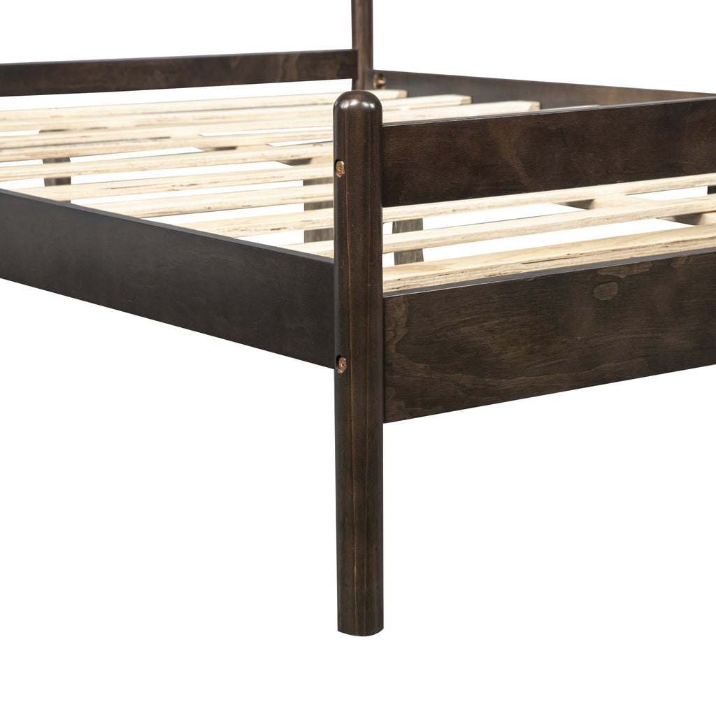 Traditional Style Queen Size Bed with Headboard and Footboard, Pinewood Bed with Strengthened Bed Frame ,Walnut