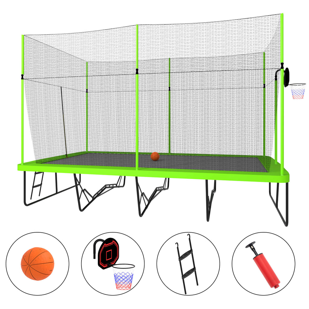 Green 10x17 foot rectangular trampoline with basketball hoop — front view