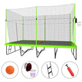 Green 10x17 foot rectangular trampoline with basketball hoop — front view