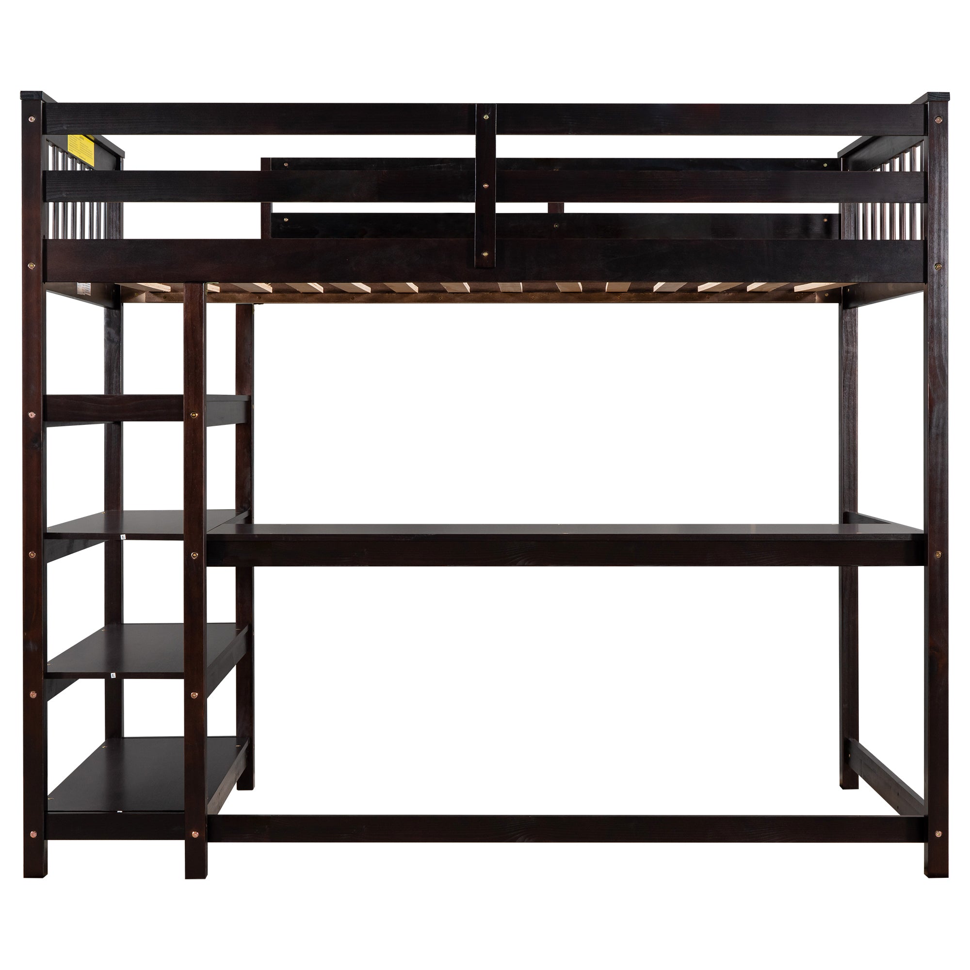 Desk surface and shelving underneath loft bed