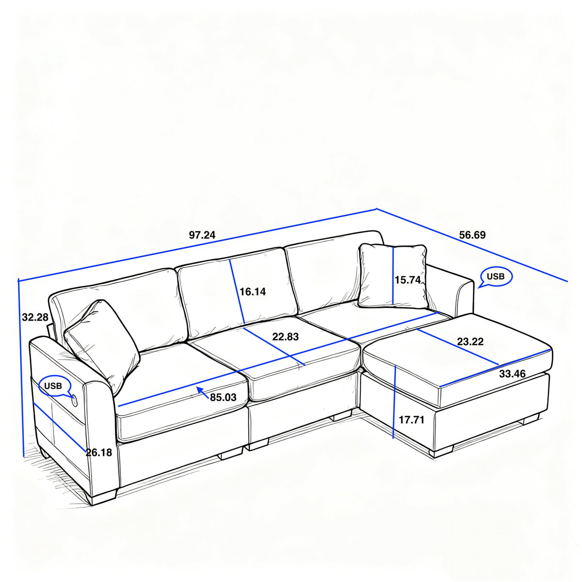 Modern Storage Sofa with Dual USB, 2 Side Pockets,Ottoman Storage Bench Cloud Sectional Chenille Sofa Oversized,4-Seat, L-Shaped Couch,Black