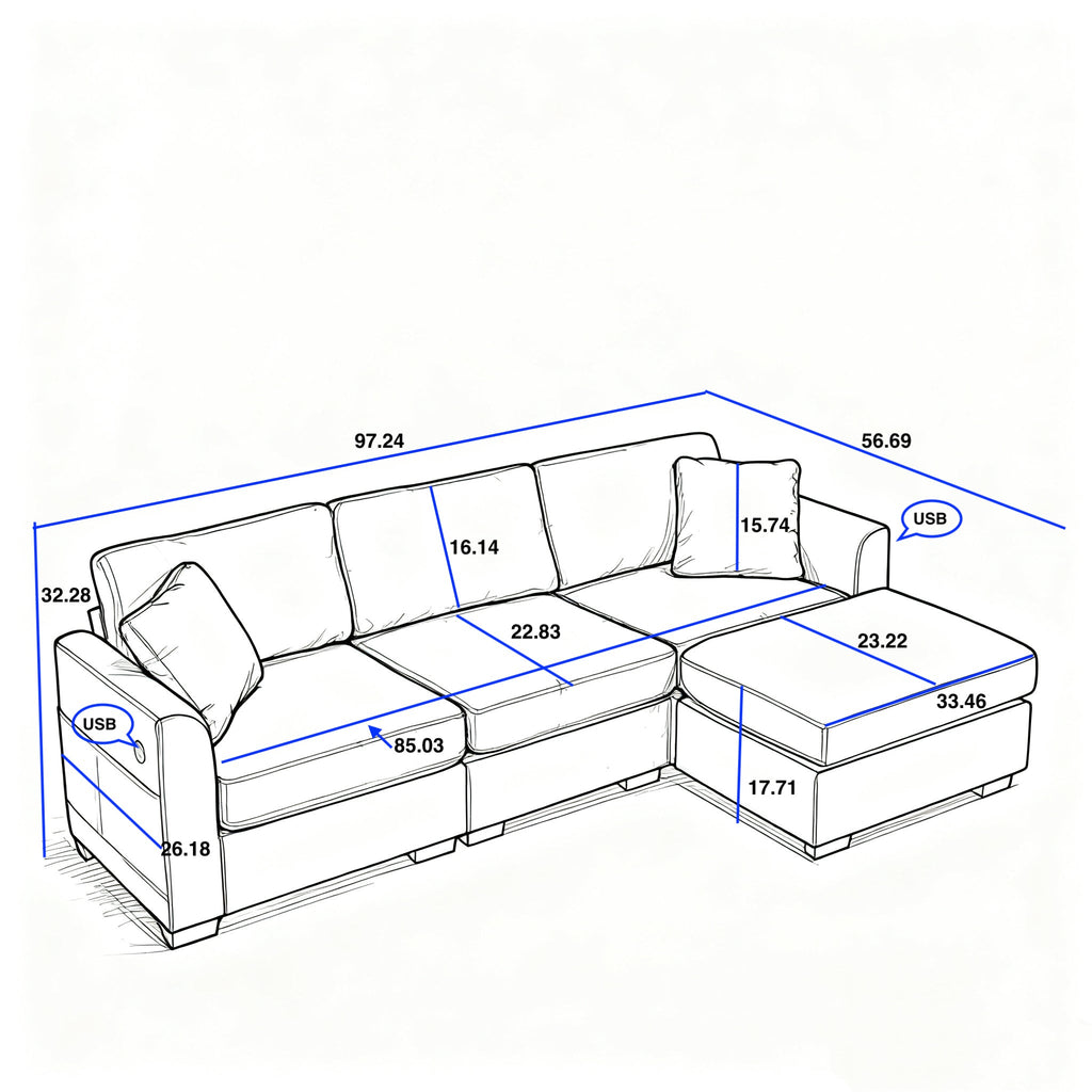 Modern Storage Sofa with Dual USB, 2 Side Pockets,Ottoman Storage Bench Cloud Sectional Chenille Sofa Oversized,4-Seat, L-Shaped Couch,Black