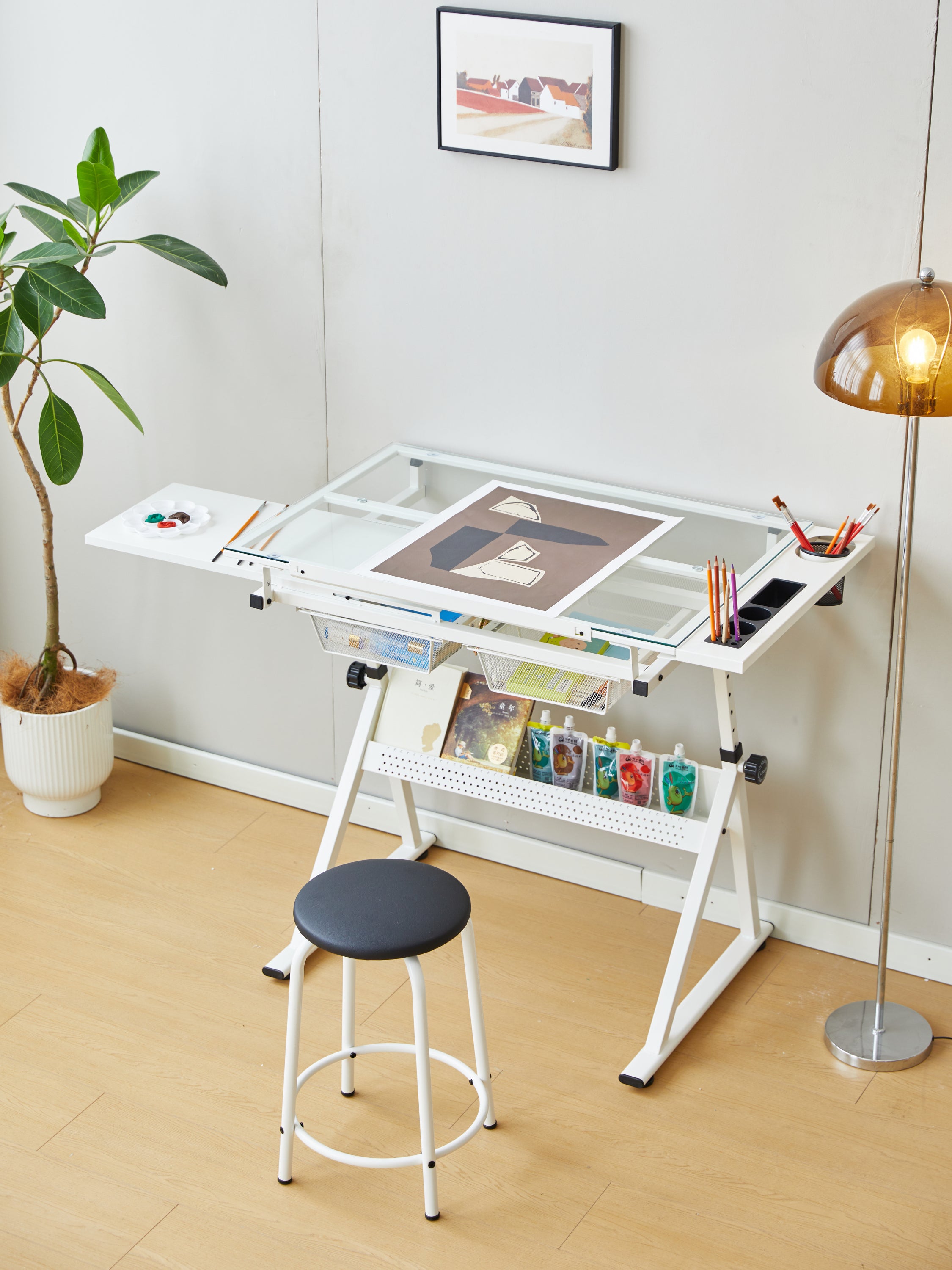 White drafting table with included matching stool