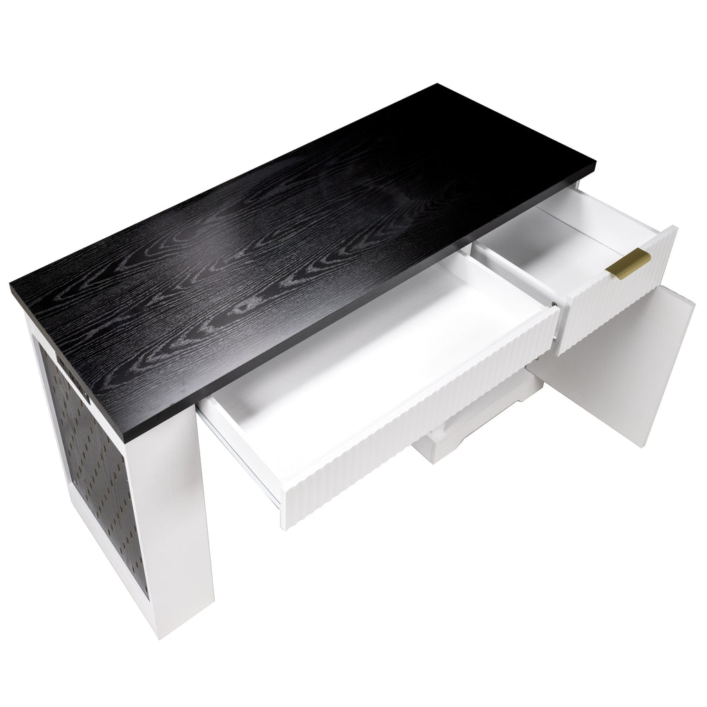 White fluted desk in compact home office corner placement