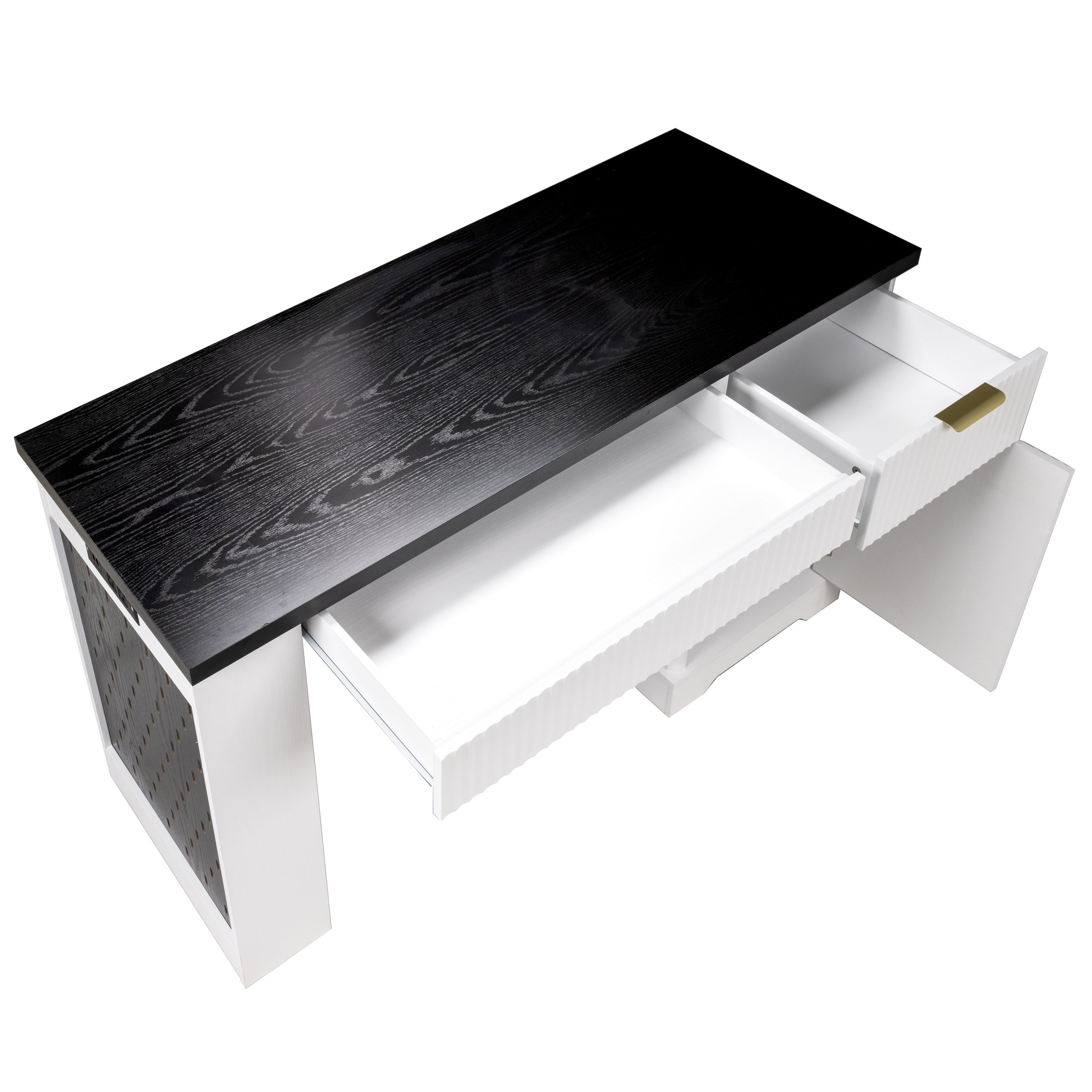 White fluted desk in compact home office corner placement