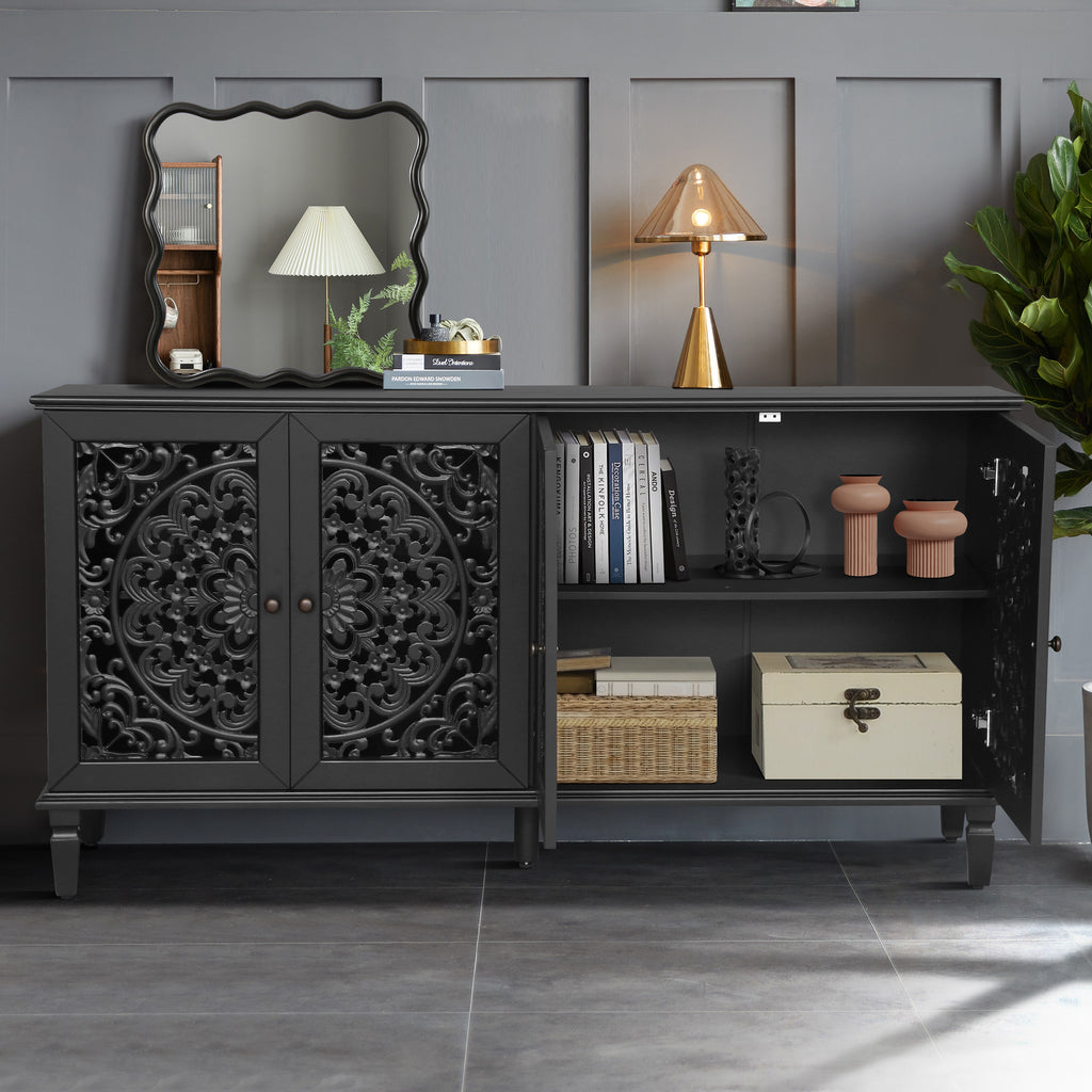 60-inch antique black sideboard with brass handles — angle view