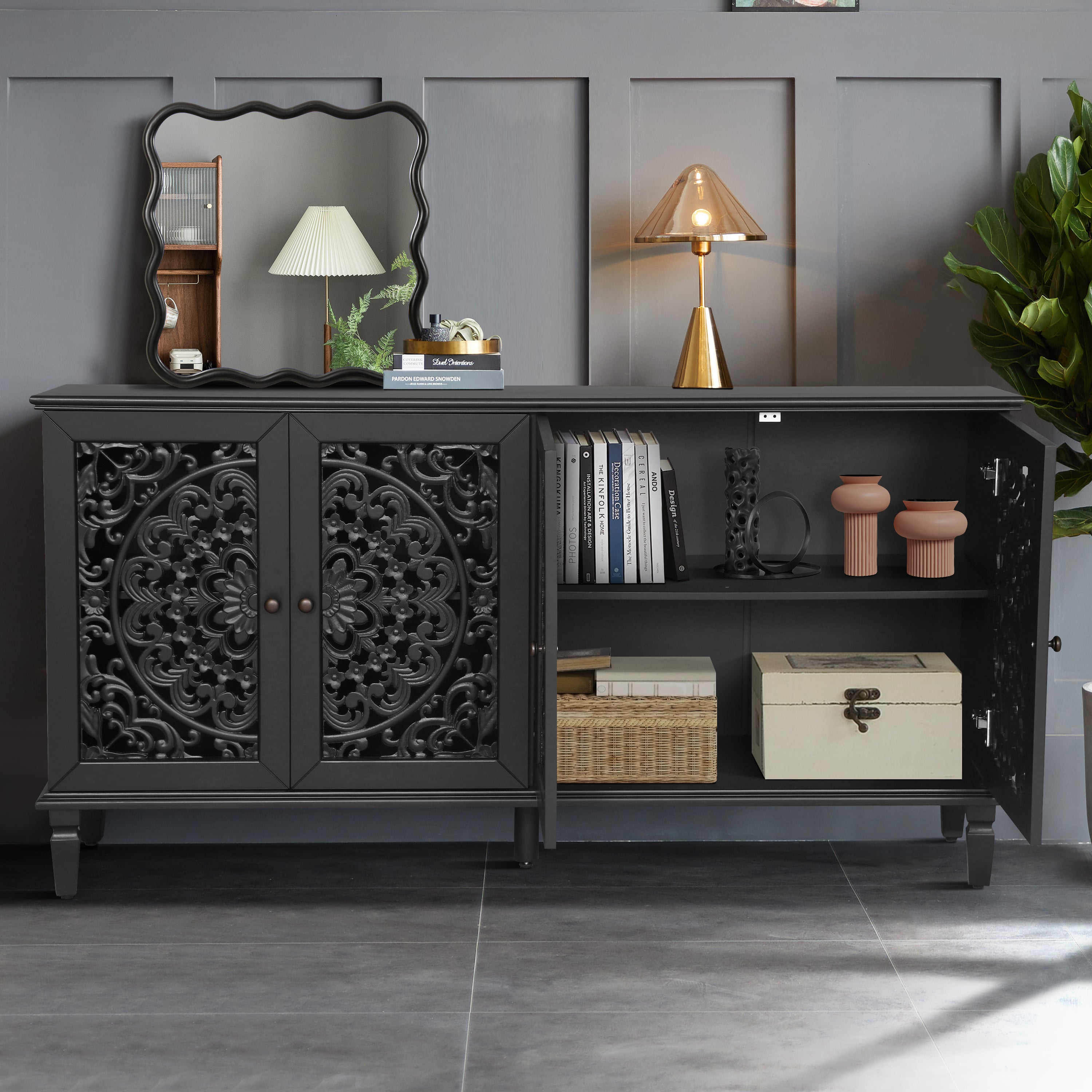60-inch antique black sideboard with brass handles — angle view
