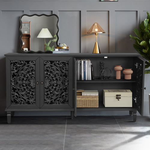 60-inch antique black sideboard with brass handles — angle view