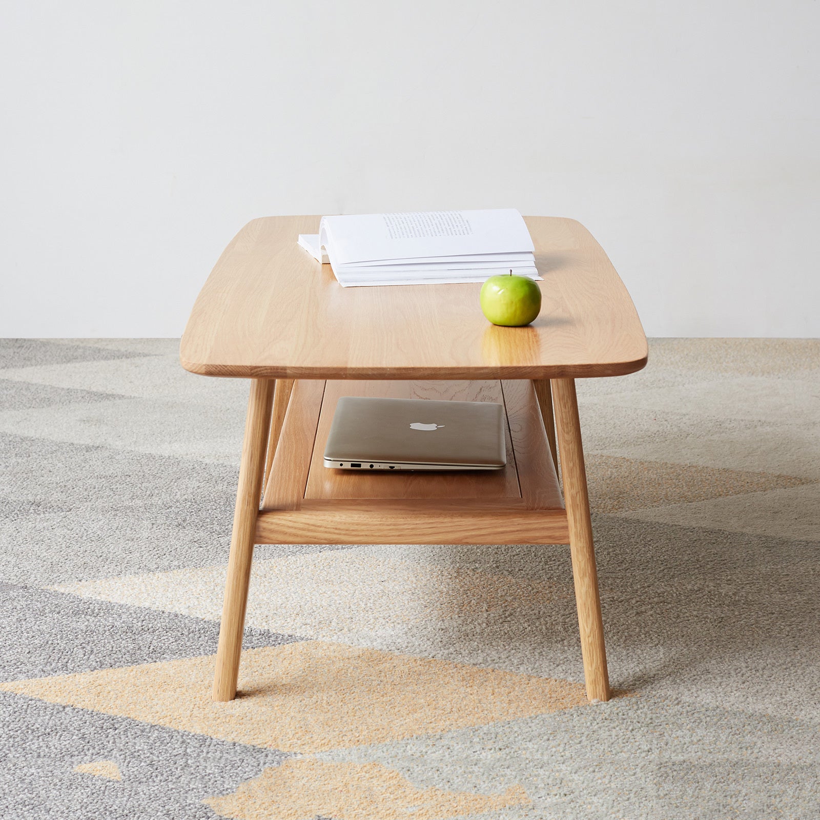 Rounded corner safety design on solid oak coffee table