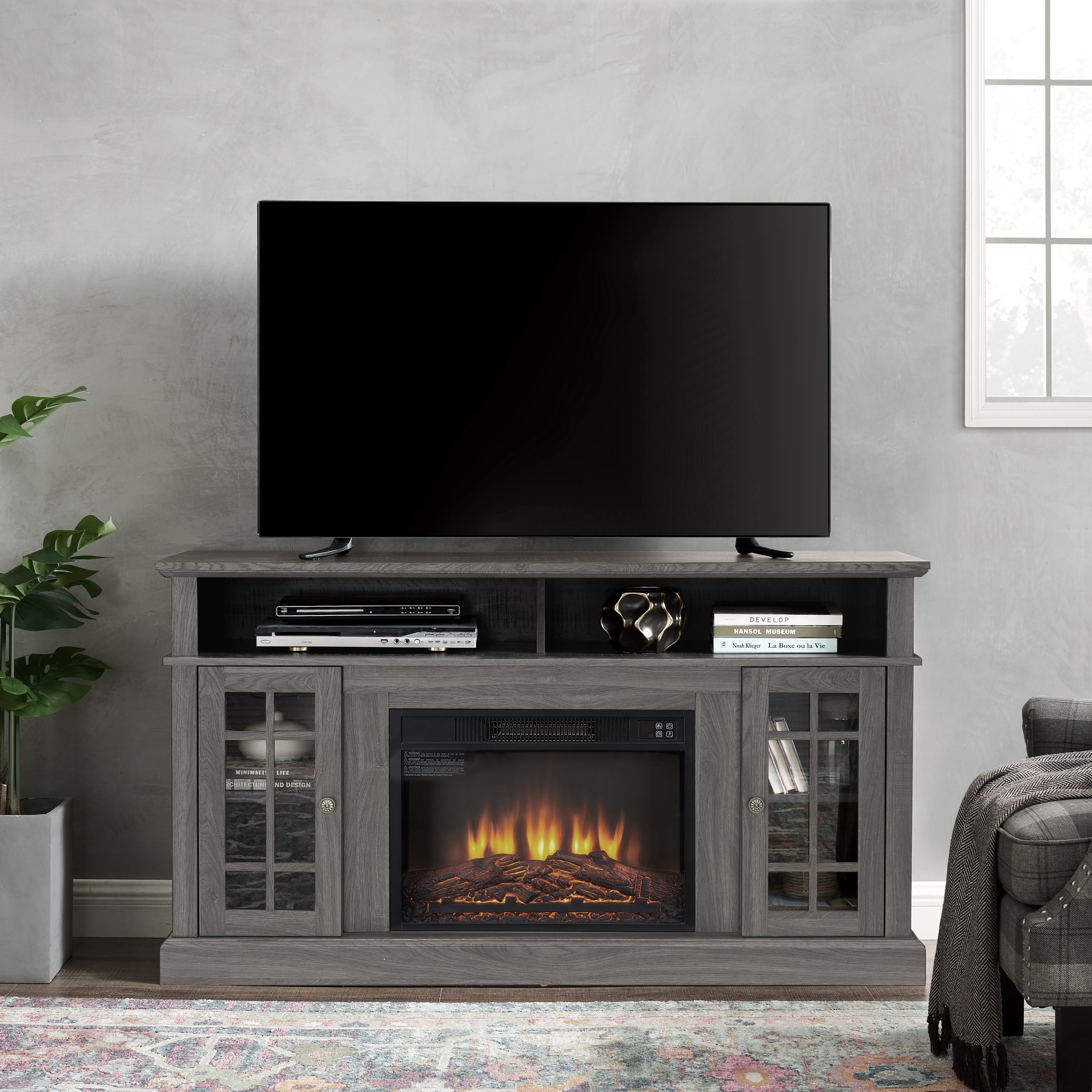 Classic TV Media Stand Modern Entertainment Console with 23' Fireplace Insert for TV Up to 65' with Open and Closed Storage Space, Espresso, 58.25'W*15.75'D*32'H