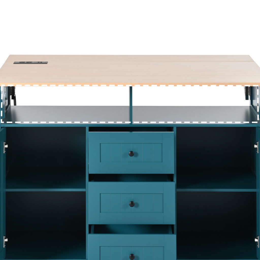 K&K 55.7'' Large Kitchen Island with 2 Drop Leaf,, Rolling Kitchen Cart on 5 Wheels with Power Outlet, Folding Storage Dining Table with Spice & Towel Rack , 3 Drawers, for Kitchen, Dining Room,Black