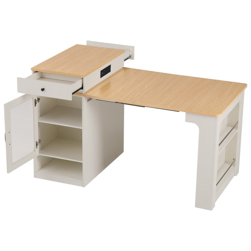 K&K 59.5' Kitchen Island with Extendable Dining Table, Kitchen Storage Table with Double-sided Storage, Kitchen Island with 2 Drawers, Power Outlet, Side Open Shelves, for Kitchen, Dining Room, Black