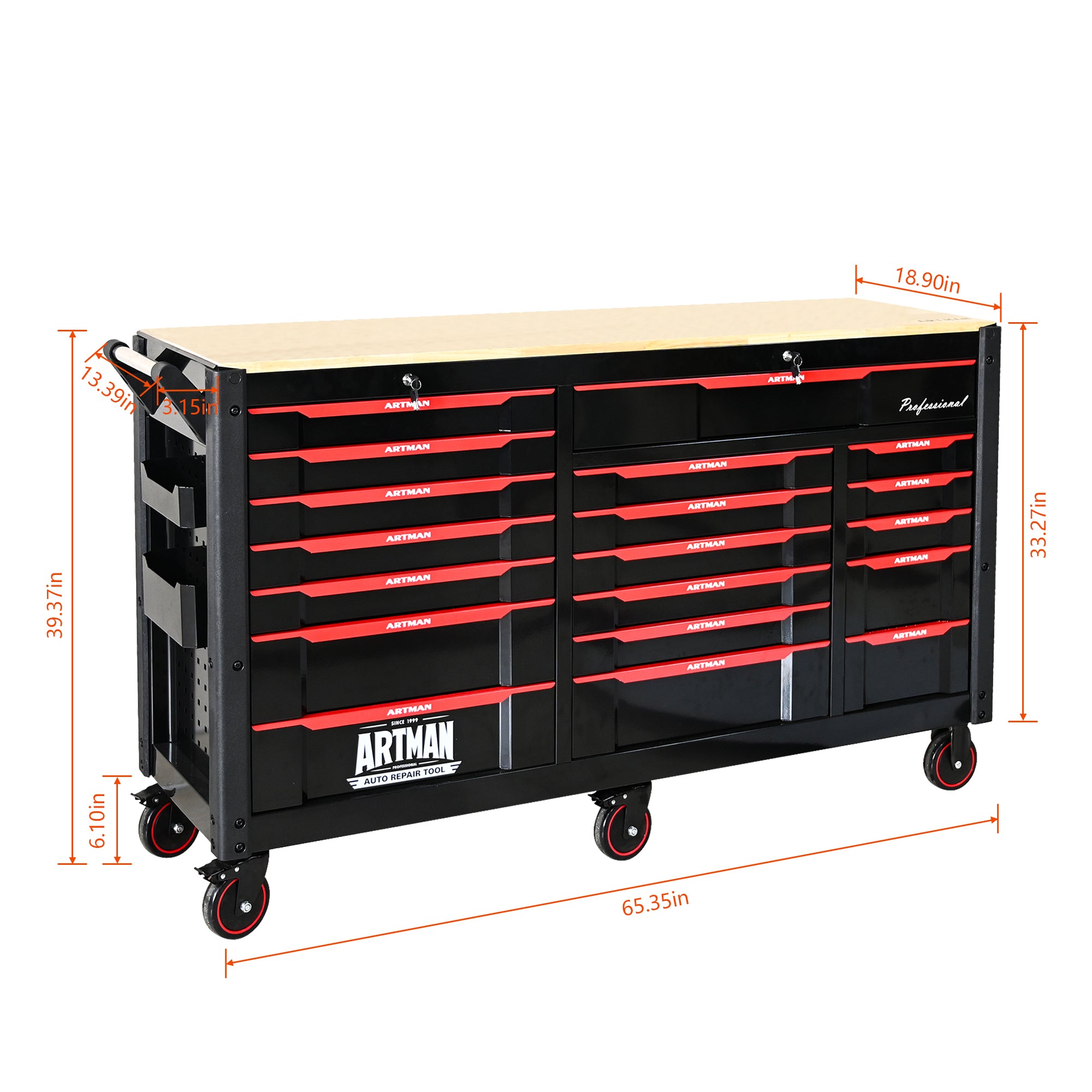 Heavy-duty steel tool cart 7 plus 12 drawer layout detail