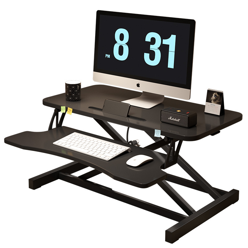 Black 32-inch sit to stand desk converter with keyboard tray — product photo