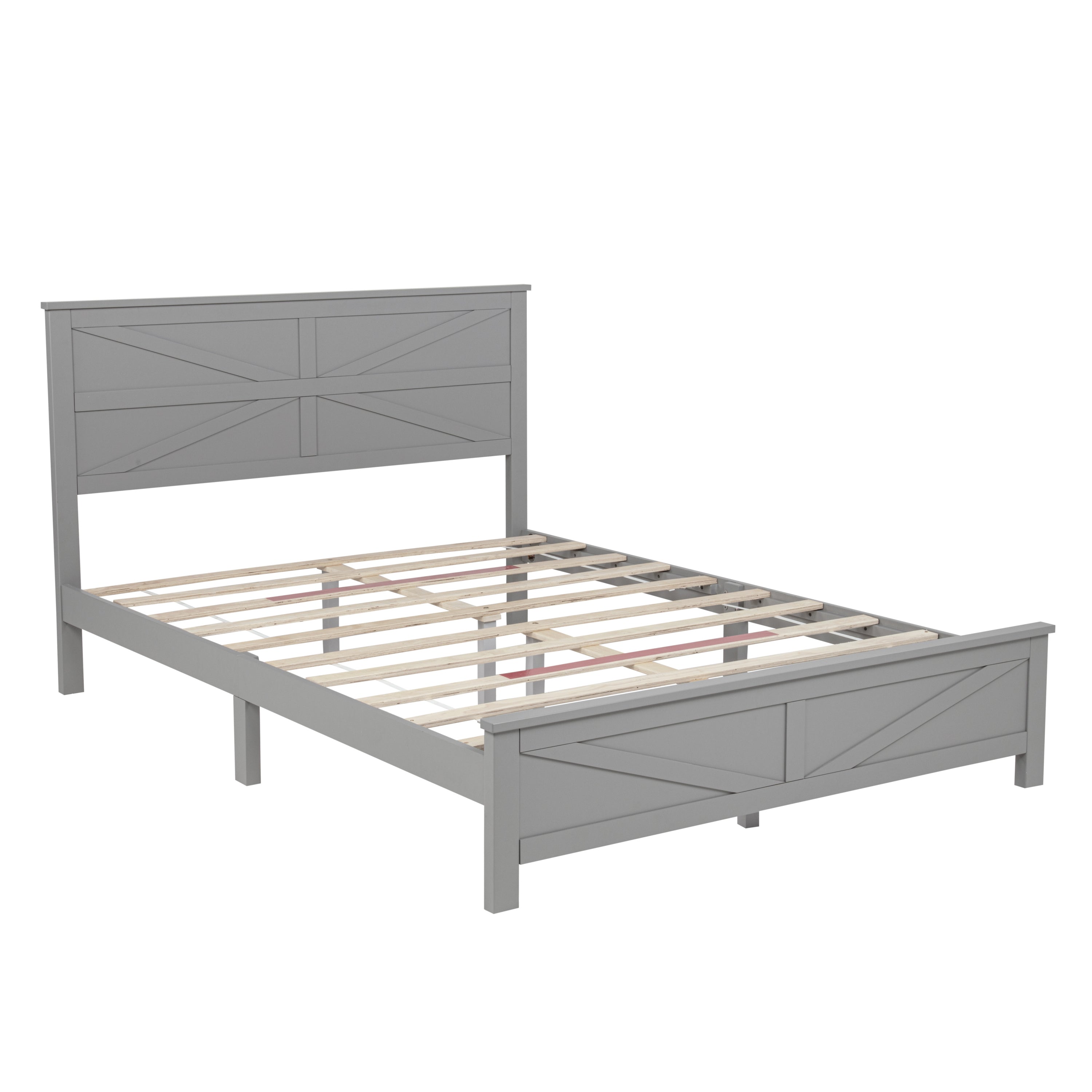 Farmhouse Style Queen Size Bed with Barn Door Designed Headboard and Footboard, Pinewood Bed with Strengthened Bed Frame ,White