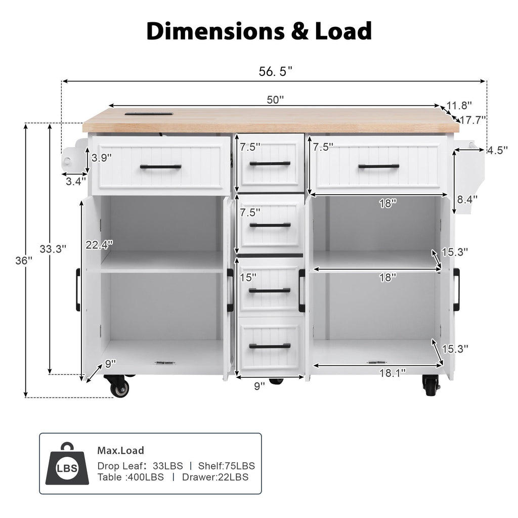 K&K 56.5'' Kitchen Island with Drop Leaf, Power Outlet, Embossed Vertical Stripe Rolling Kitchen Cart on Wheels with 4 Doors , 5 Deep Drawers and Adjustable Shelves, for Kitchen, Dining Room, Black