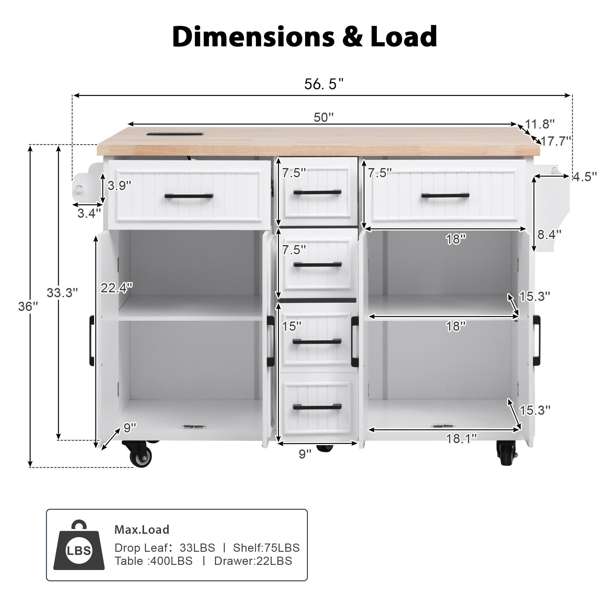 K&K 56.5'' Kitchen Island with Drop Leaf, Power Outlet, Embossed Vertical Stripe Rolling Kitchen Cart on Wheels with 4 Doors , 5 Deep Drawers and Adjustable Shelves, for Kitchen, Dining Room, Black