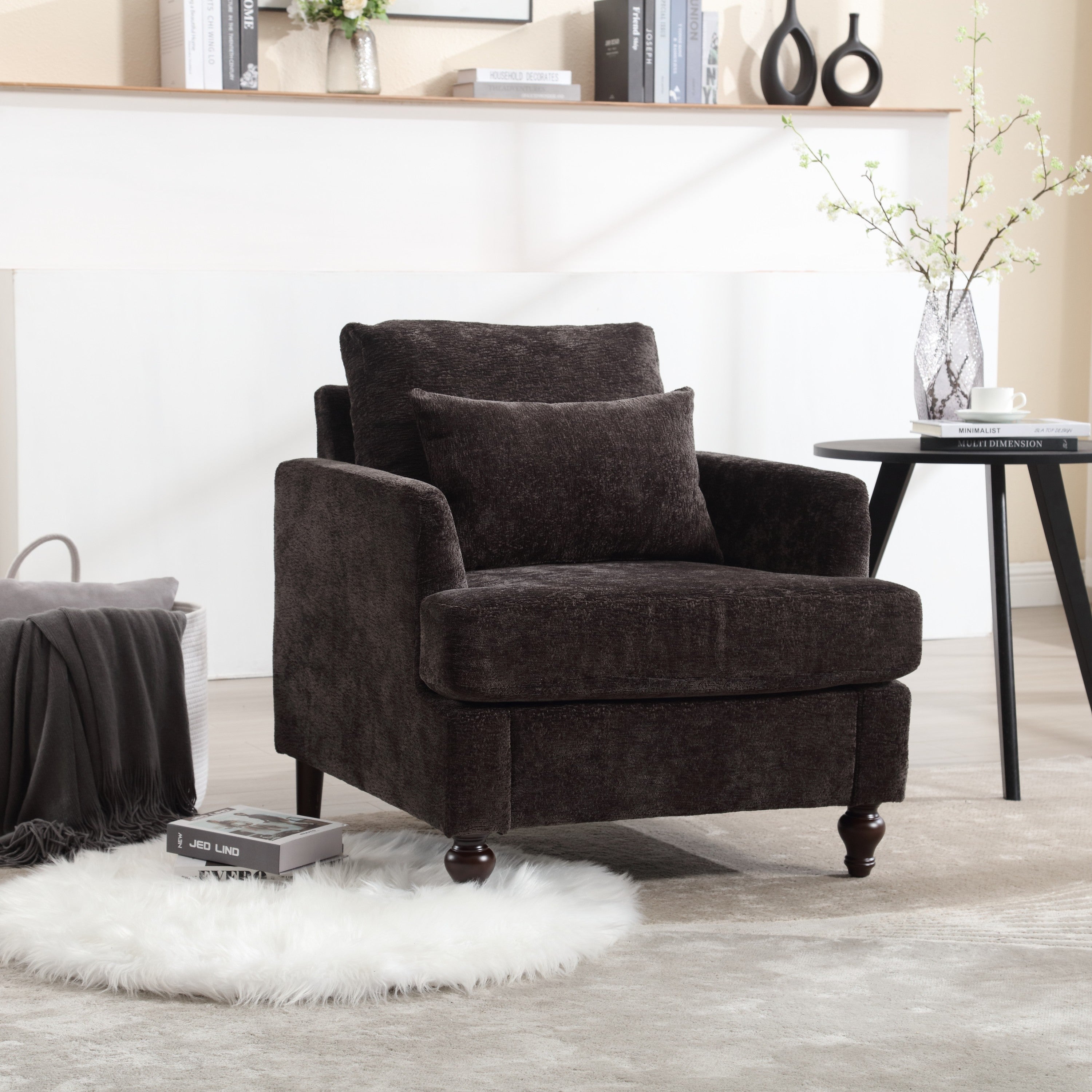 Mid-century armchair black chenille — angle view
