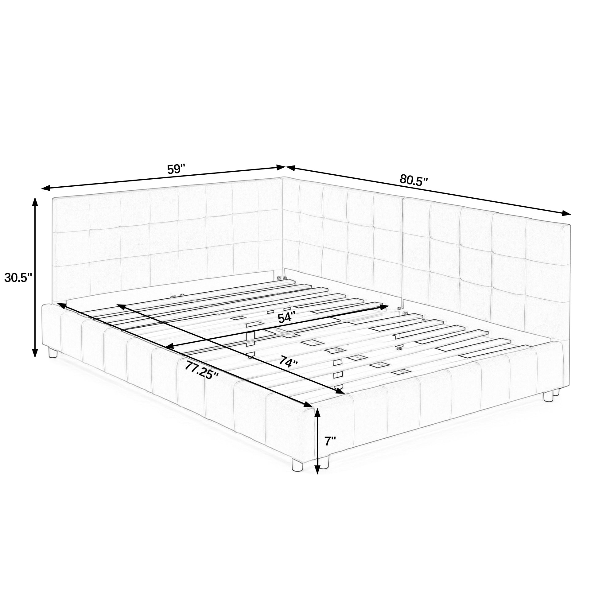 Full size upholstered daybed with backrest — side view