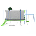 Green 14-foot trampoline with slide swing and basketball hoop — front view