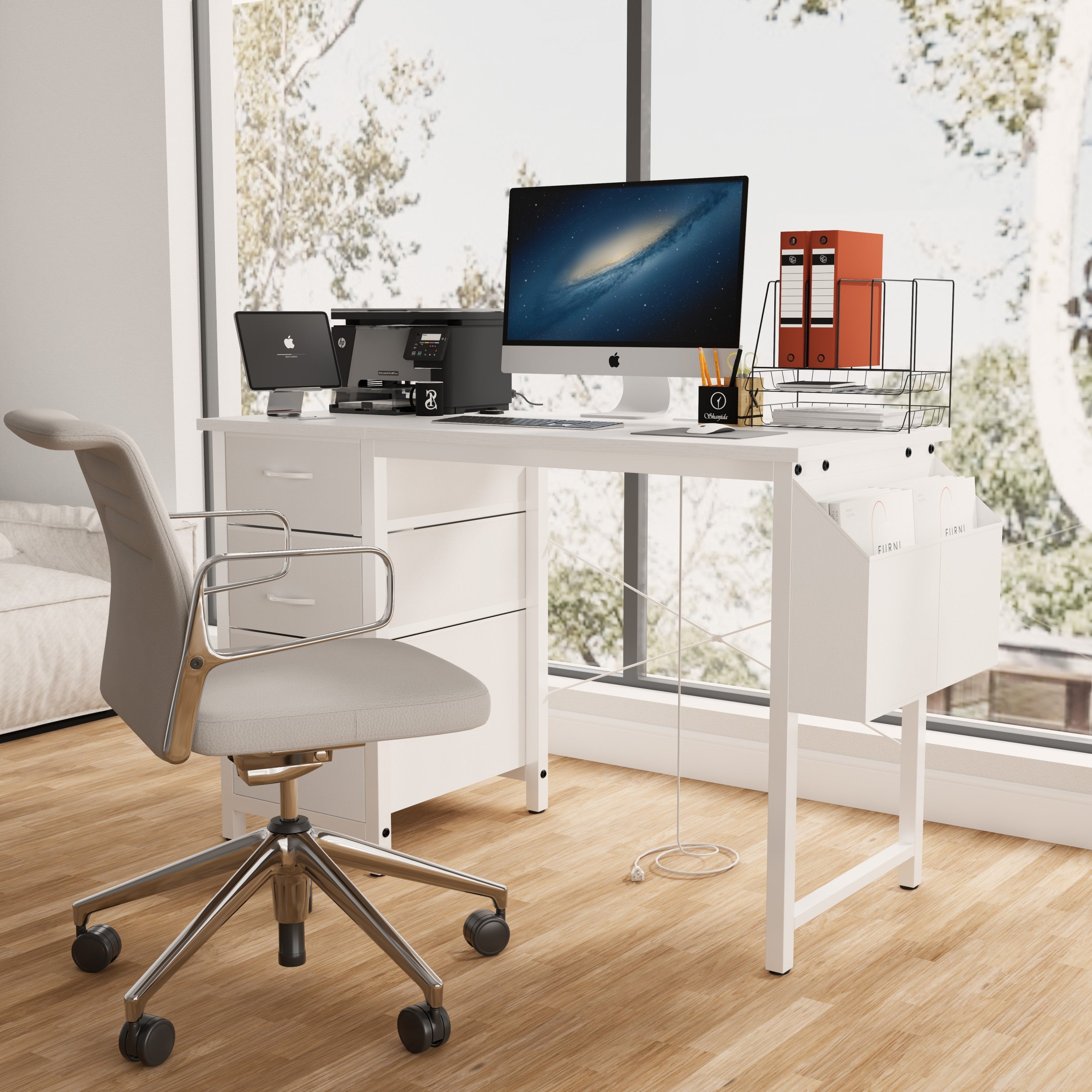 White computer desk reversible cabinet left or right installation
