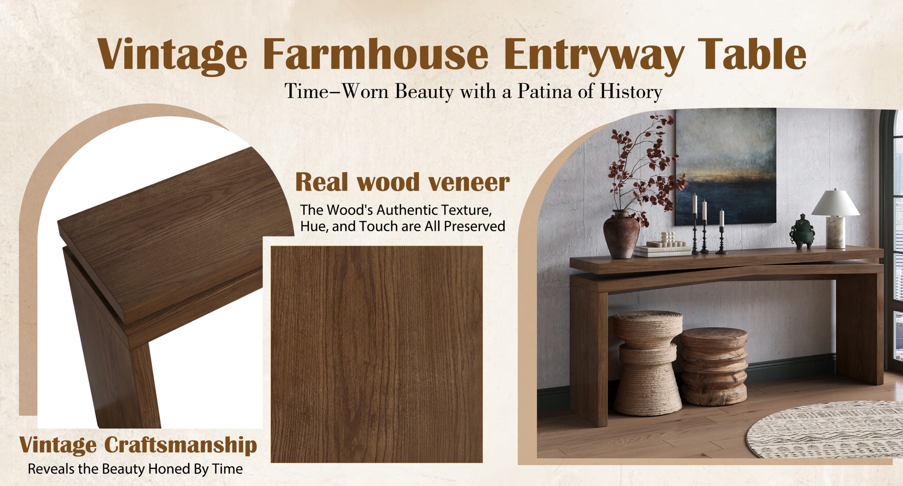 65-Inch Solid Wood Veneer Console Table, Long Farmhouse Entryway Sofa Table for Living Room, Hallway, Behind Couch, Apartment, Antique Brown