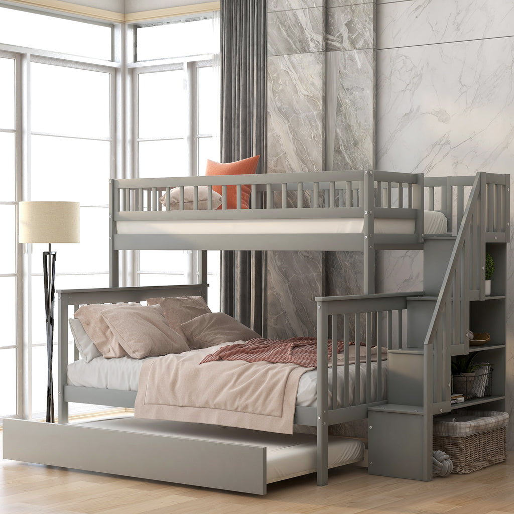 Twin-over-full bunk bed with built-in stairway — angle view