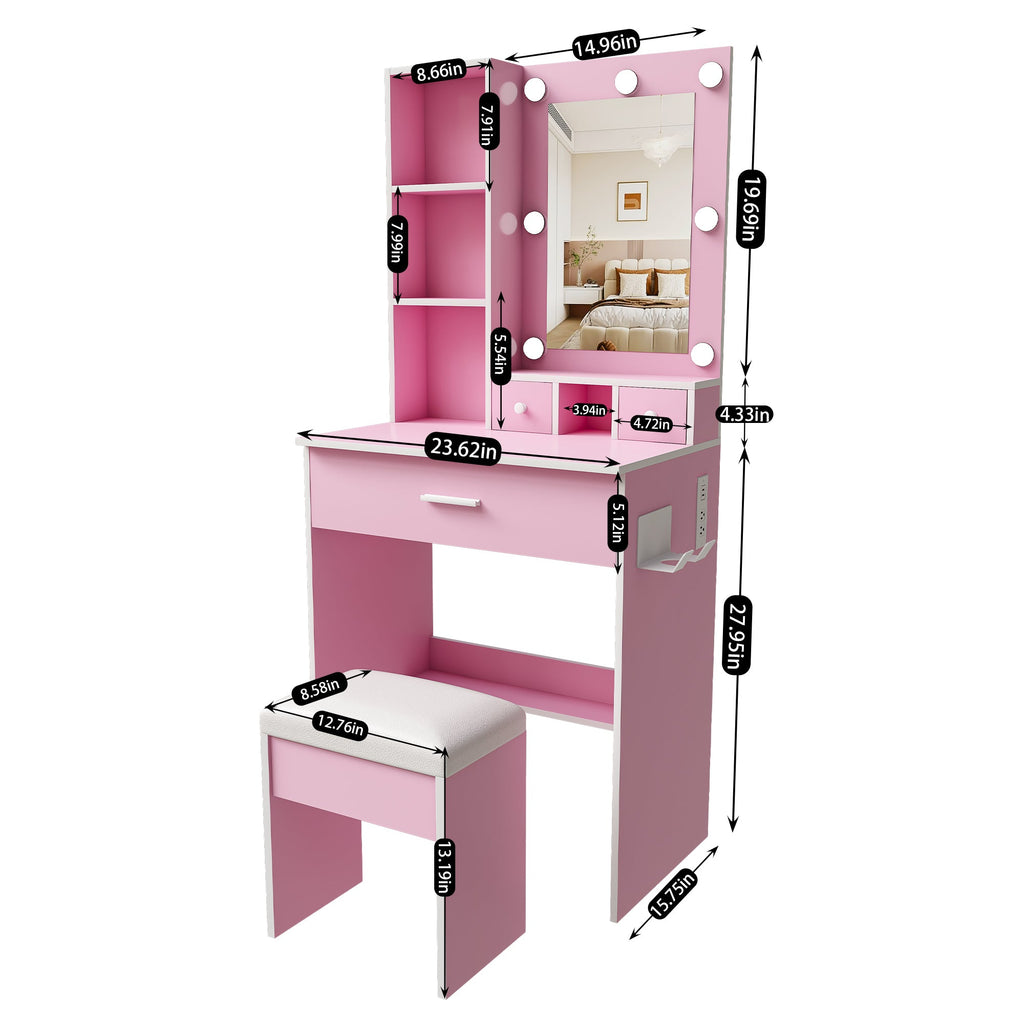 Vanity Table with Mirror, Adjustable LED Lights, Power Outlet, Hairdryer Holder & Stool – Compact Dressing Desk for Small Bedrooms