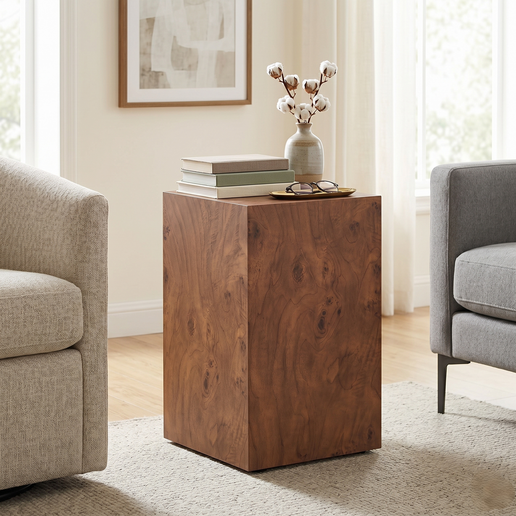 Premium Burl Walnut Veneer MDF Cube Table, Height Adjustable Multi-purpose Coffee Side End Table for Living Room, 11.8'×11.8'×19.7', No Extra Items Included