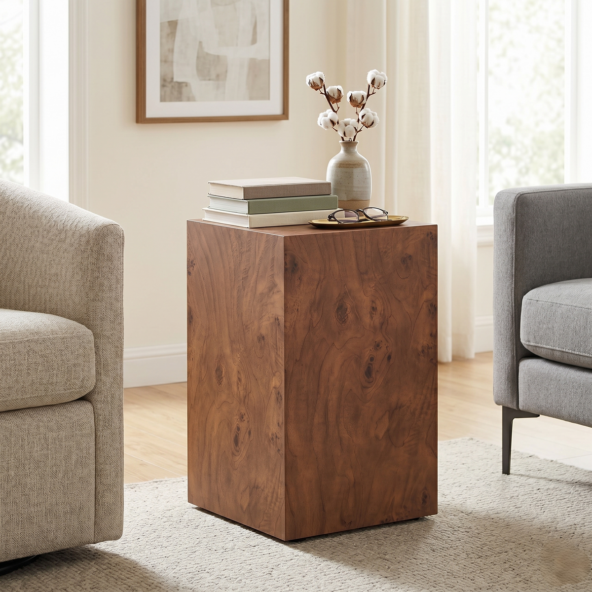Premium Burl Walnut Veneer MDF Cube Table, Height Adjustable Multi-purpose Coffee Side End Table for Living Room, 11.8'×11.8'×19.7', No Extra Items Included