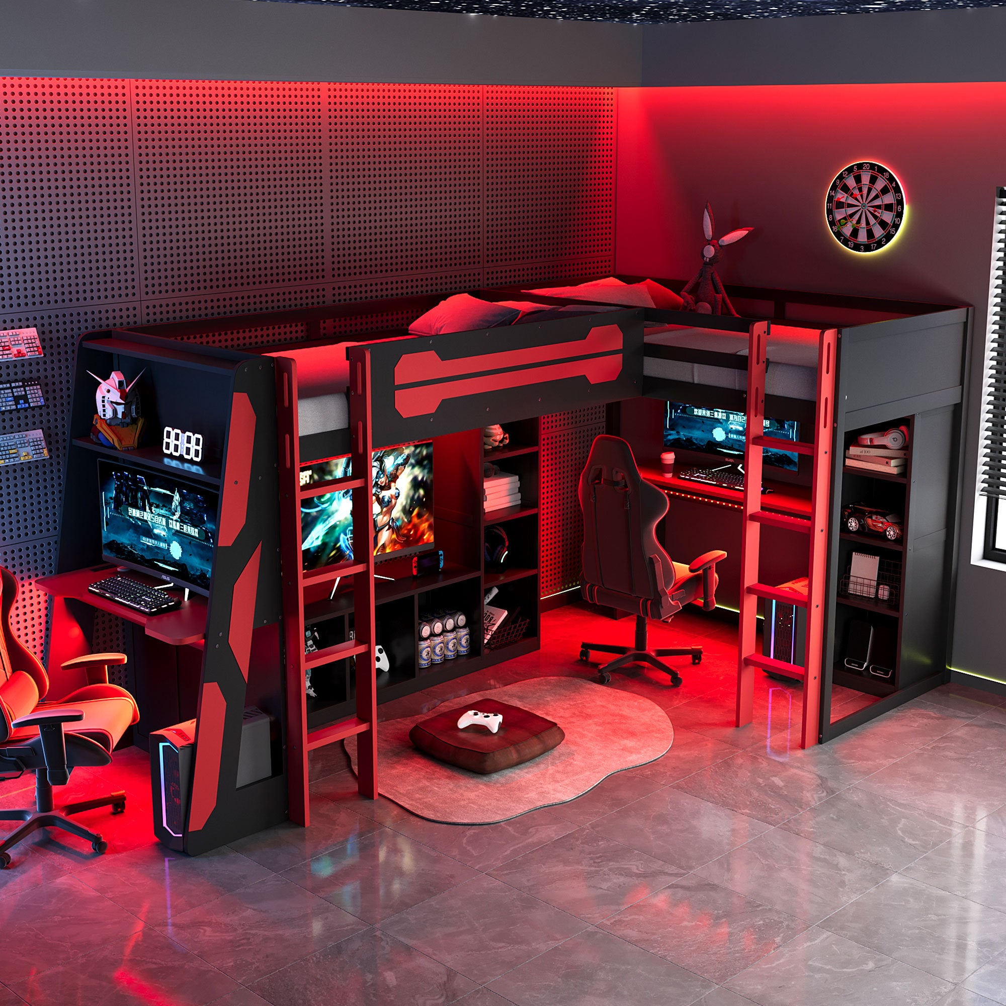 Dual twin gaming loft bed with storage shelves and TV stand