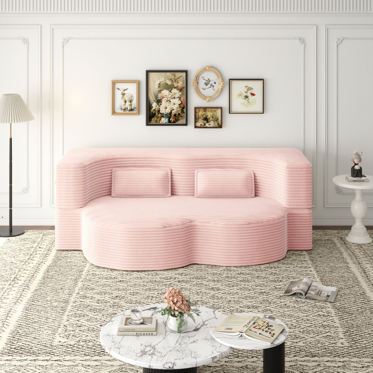 Modern Floor Sofa with 2 Pillows, Convertible Plush Corduroy Foam-Filled Sleeper Sofa Bed,15 ' Full Size Folding Mattress for Living Room, Guest Bed, no assembly required, Light Grey