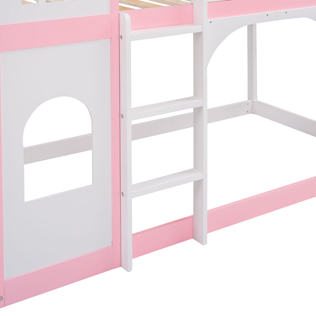 Pink twin bunk bed castle door and roof silhouette