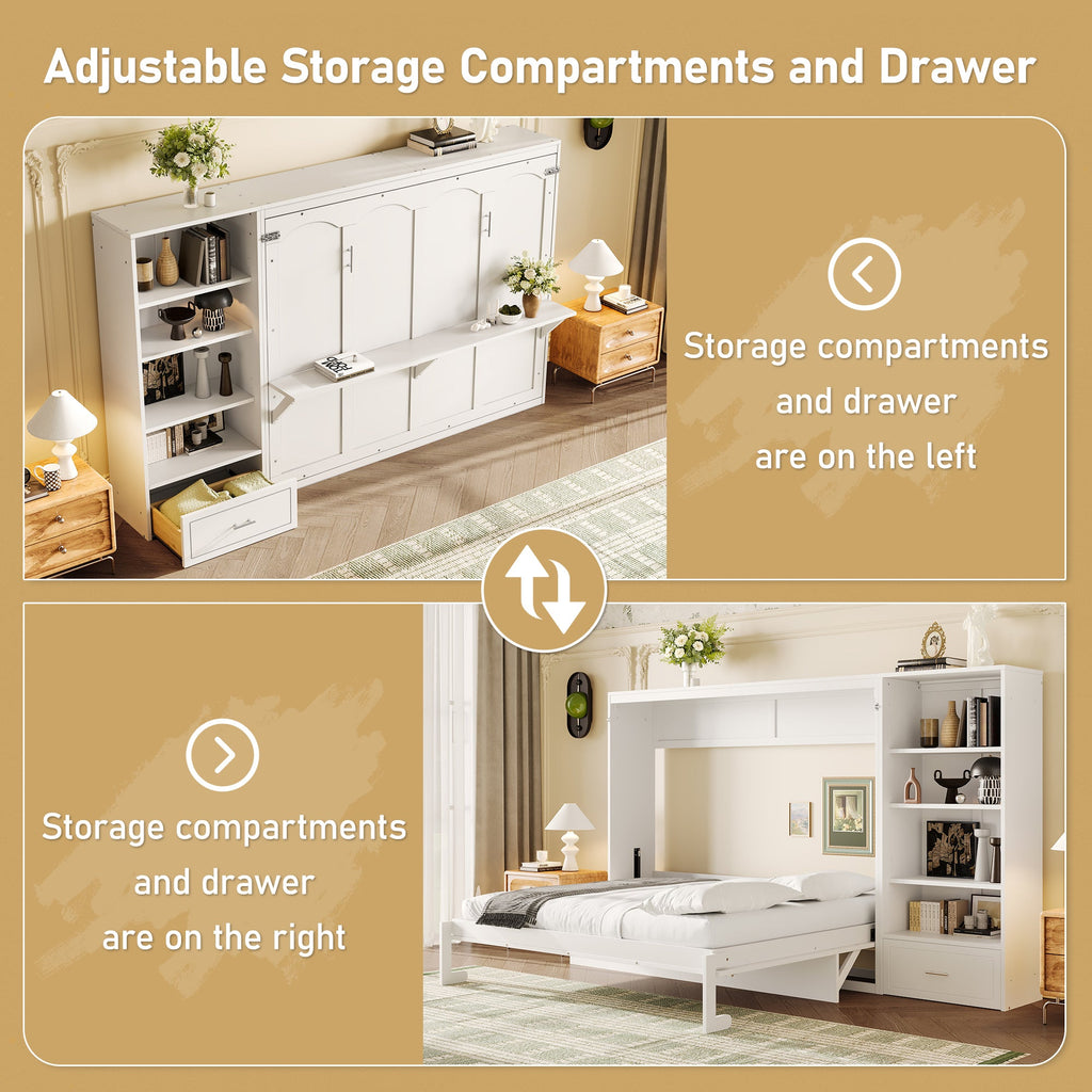 Queen Size Murphy Bed with Height Adjustable Storage Compartments and Shelf, Wall Bed Frame With 1 Drawer, Multifunctional Foldable Platform Bed for Bedroom,Guest Room, Walnut(OLD SKU:N733S309223D)
