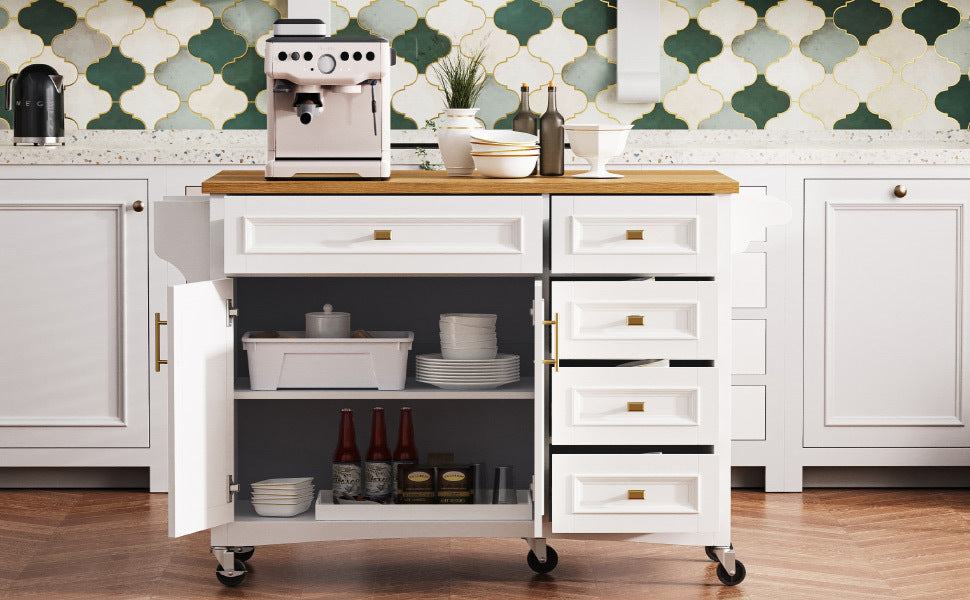K&K 52'' Kitchen Island with Drop Leaf, Embossed Texture Kitchen Island on Wheels with Spice Rack, Towel Rack, 2 Doors and 5 Drawers, Kitchen Storage Cart with Adjustable Shelf for Kitchen, Blue Grey